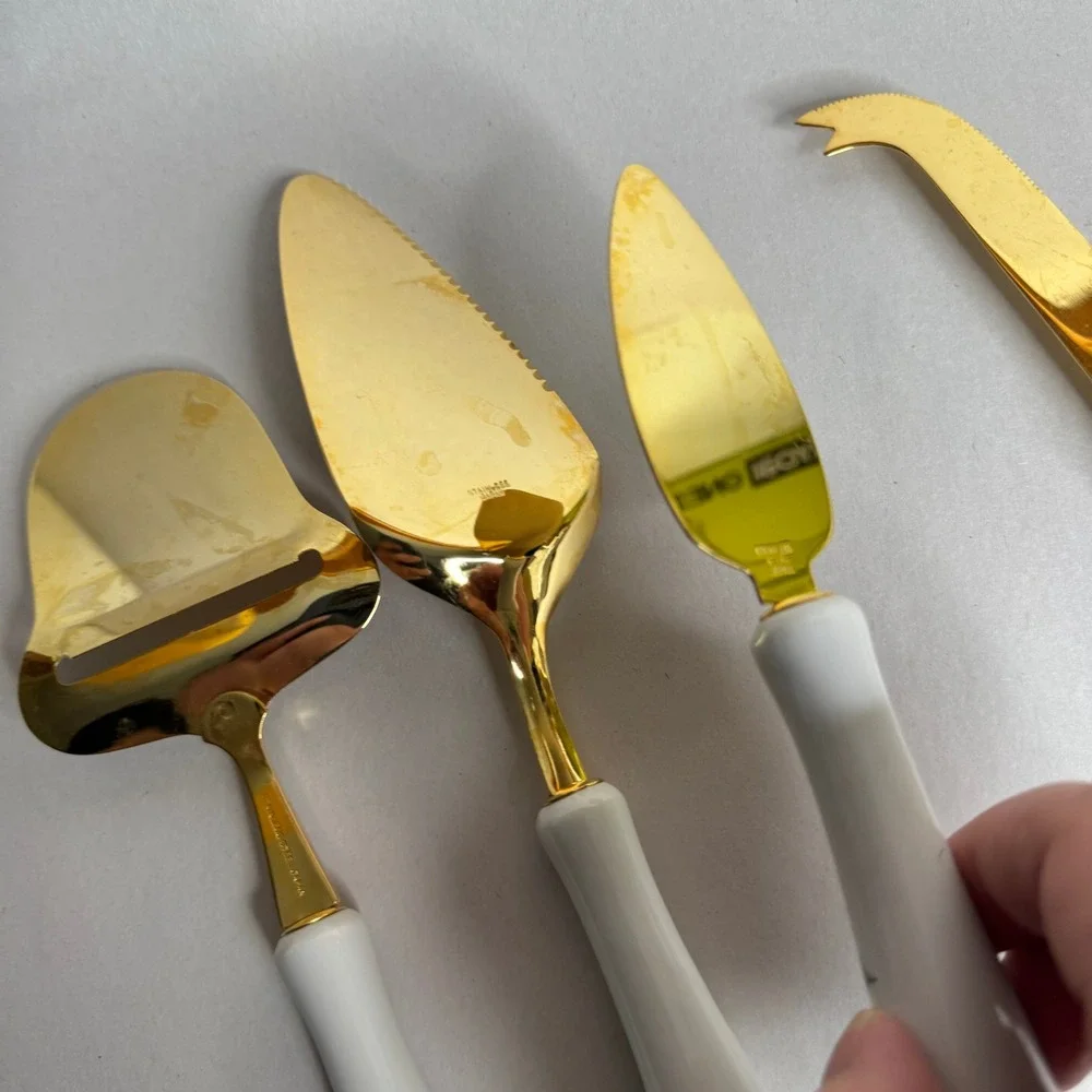 Vtg Christmas Holly Gold Cheese Knife Pie Set 4pc Stainless Steel Japan Holiday
